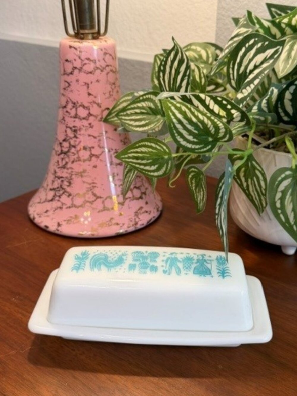 Vintage Pyrex Amish Butterprint Butter Dish with Lid Turquoise White Glass